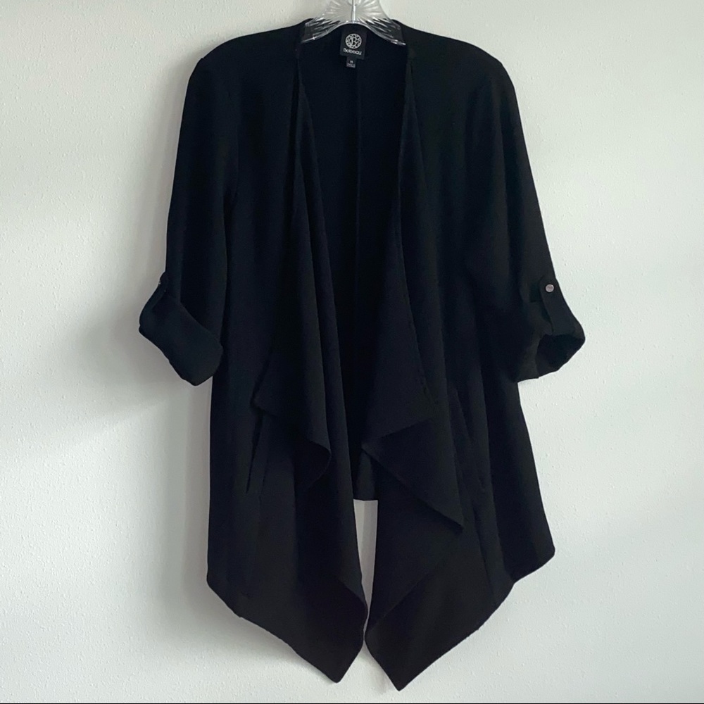Bobeau Womens Light Drapey Open Front Crepe Jacket w/ Roll Tab Sleeves M Black